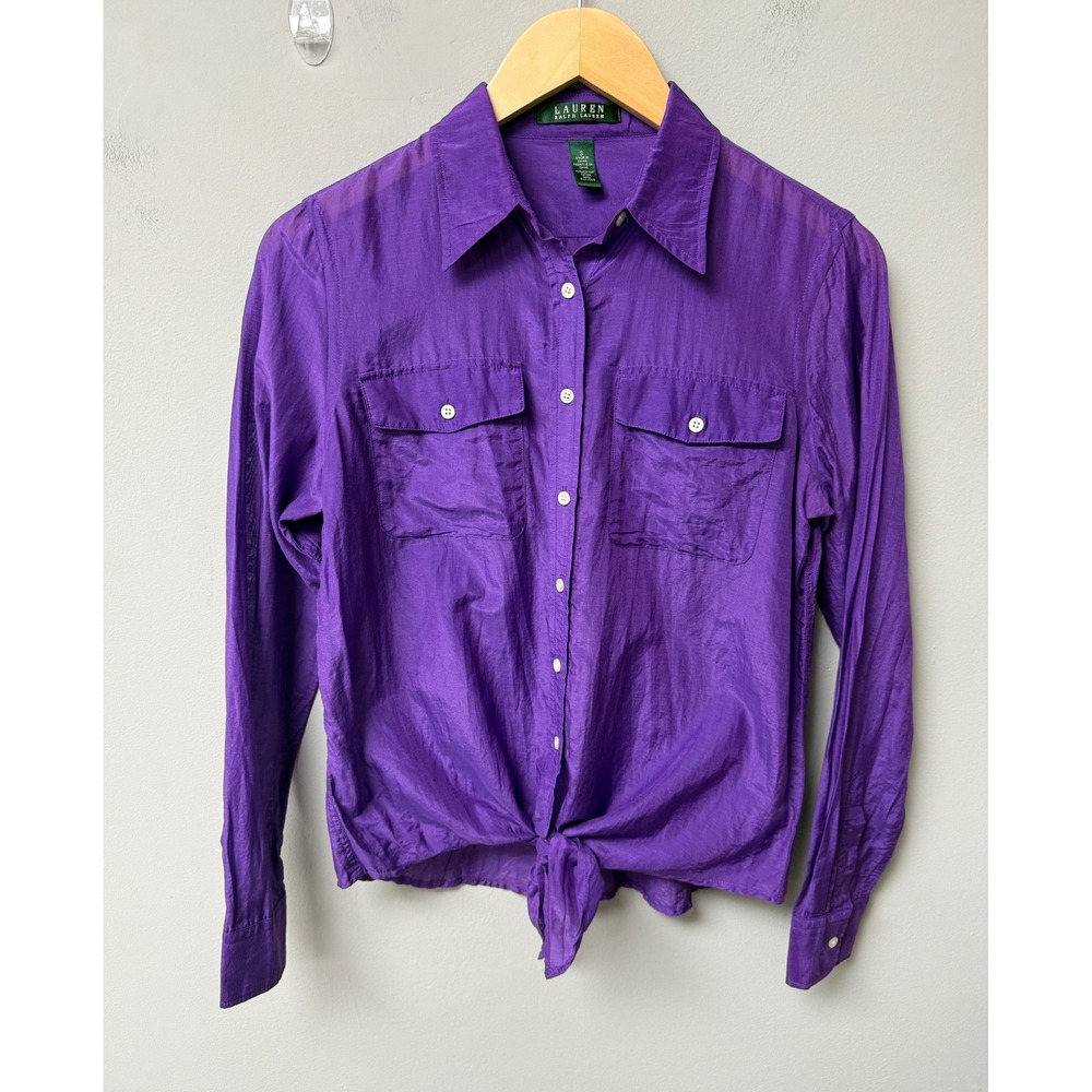 Lauren Ralph Lauren Button Front Shirt Women S Purple Silk Blend Tie Hem Classic